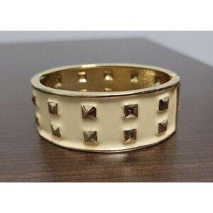 Vintage Ivory Enamel Gold Tone Hinged Studded Patterned Clamper Bangle Bracelet
